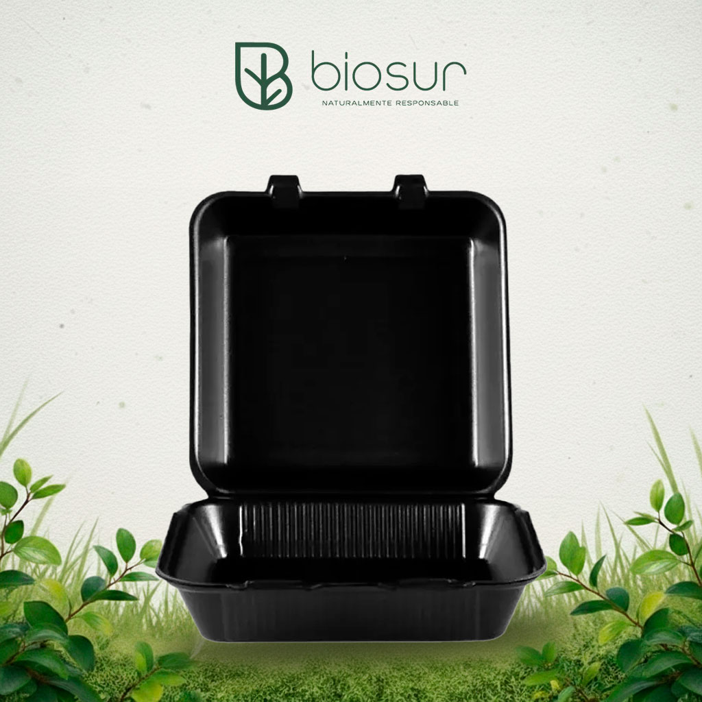 Contenedor Almeja Negro 9×9 Liso | Fécula de Maíz Eco